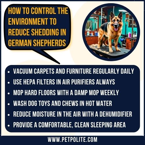 An illustration explaining how to control the environment to reduce shedding in your German Shepherd.