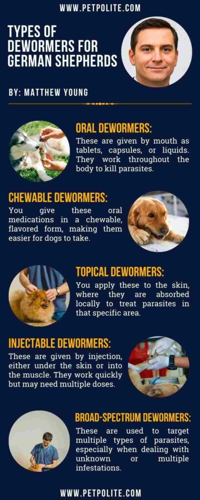 An infographic showing types of dewormers for German Shepherds.