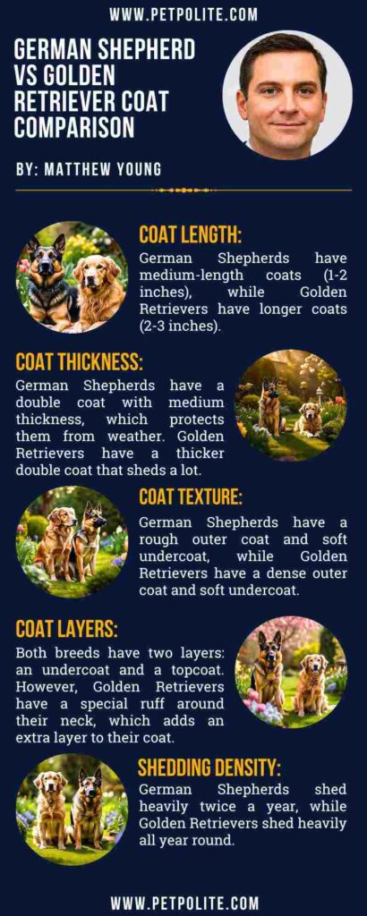 An infographic showing German Shepherd vs Golden Retriever coat comparison.