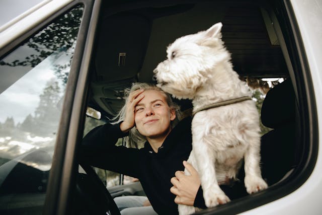 A girl traveling with her dog in a car.